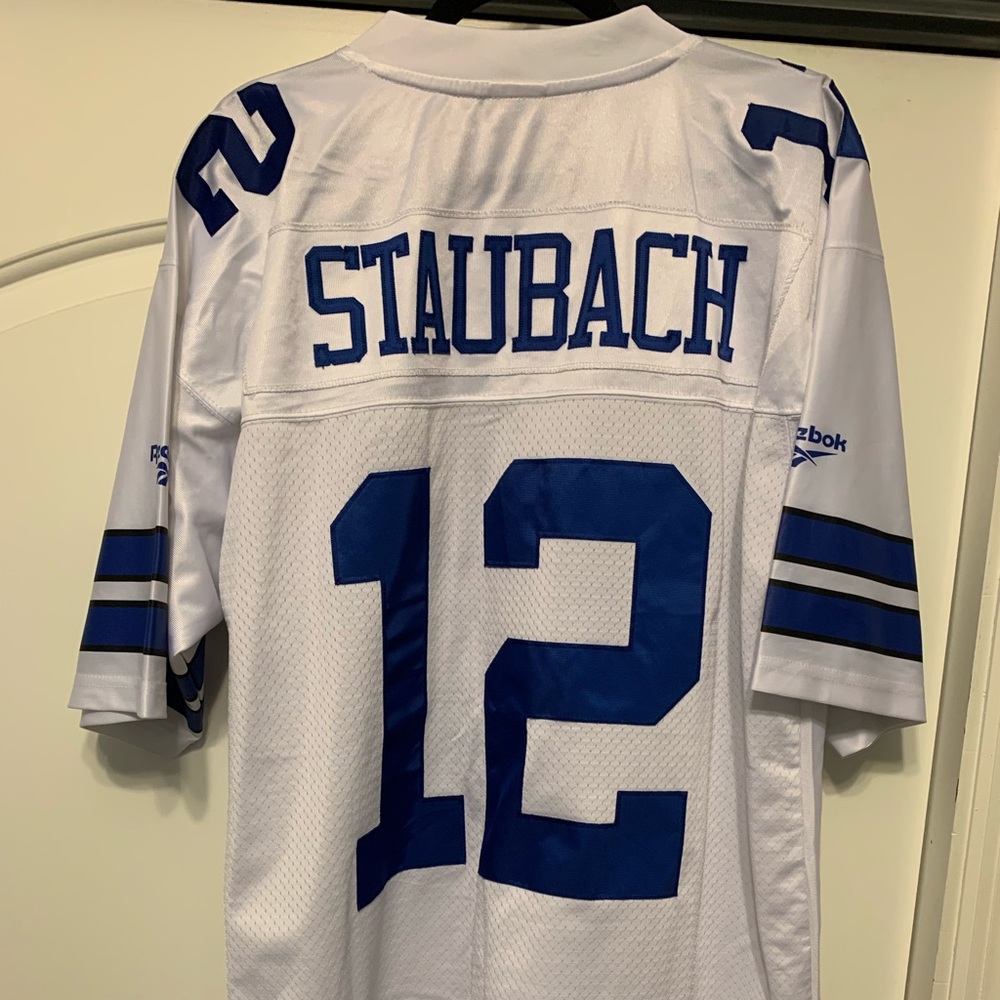 Roger Staubach #12 Reebok Throwback sewn Dallas Cowboys NFL Jersey.